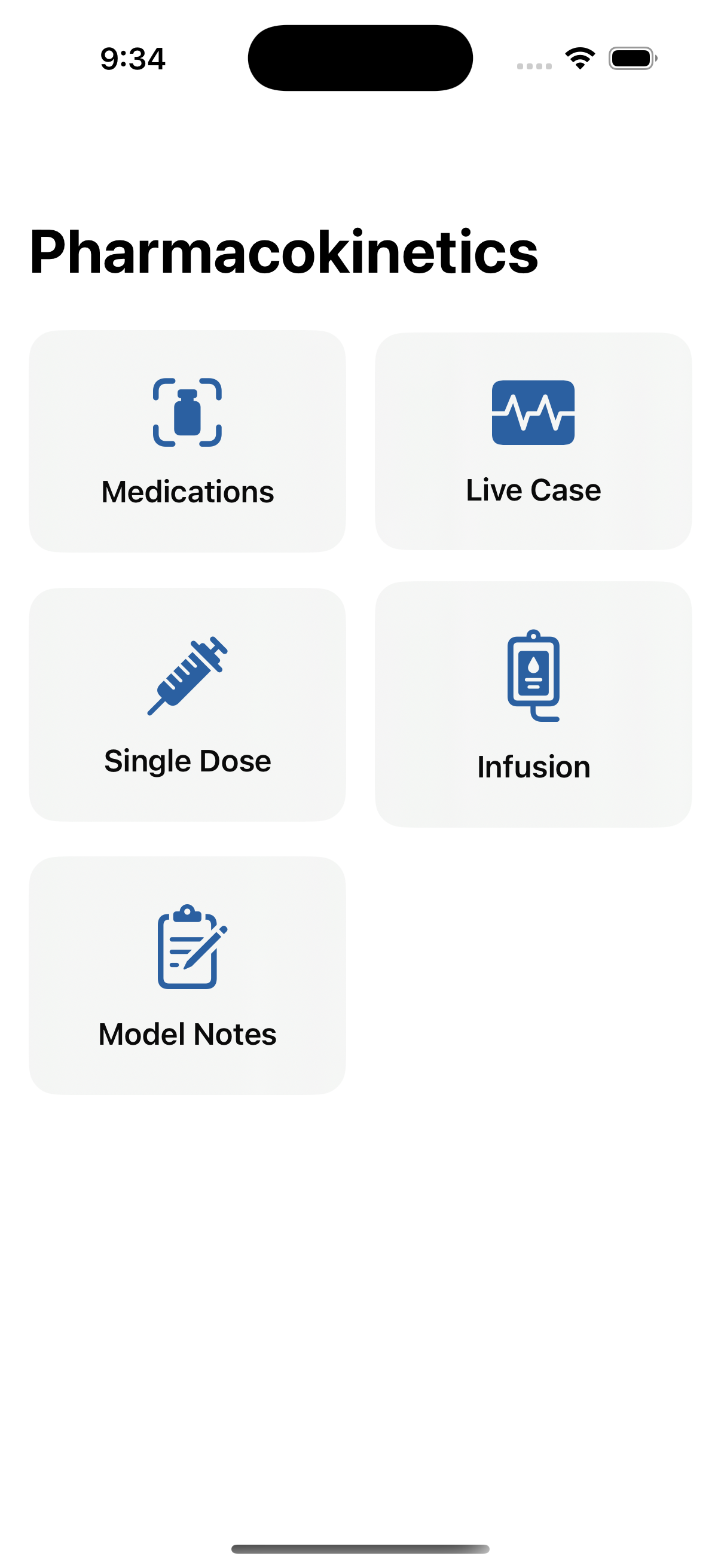 Pharmacokinetics home screen with Medications, Live Case, Single Dose, Infusion, and Model Notes options