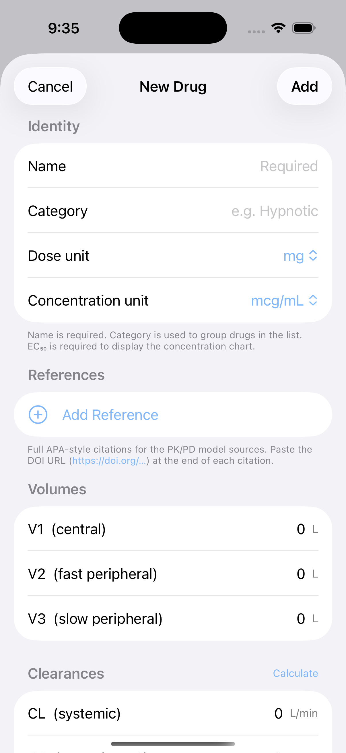 New Drug form showing identity, references, volumes, and clearances fields